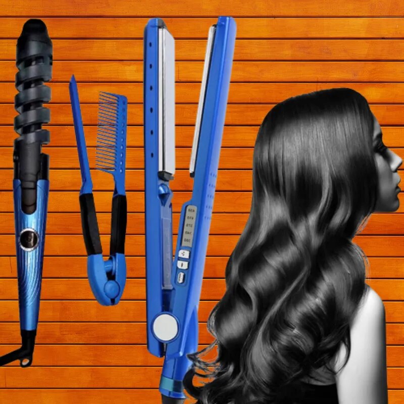 Chapinha de Cabelo Ion Nano Titanio Bivolt Modelador de Cachos  E Pente Anti Estática(KIT 3 EM 1)