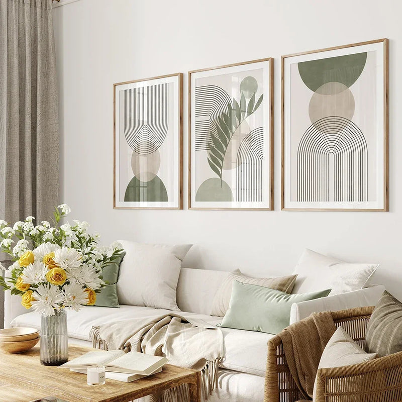 Quadros Decorativos Nórdicos Verde Sálvia | Arte Botânica e Geométrica Abstrata em Tela