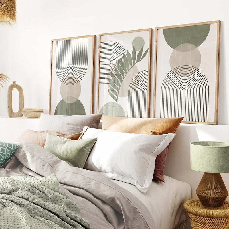Quadros Decorativos Nórdicos Verde Sálvia | Arte Botânica e Geométrica Abstrata em Tela