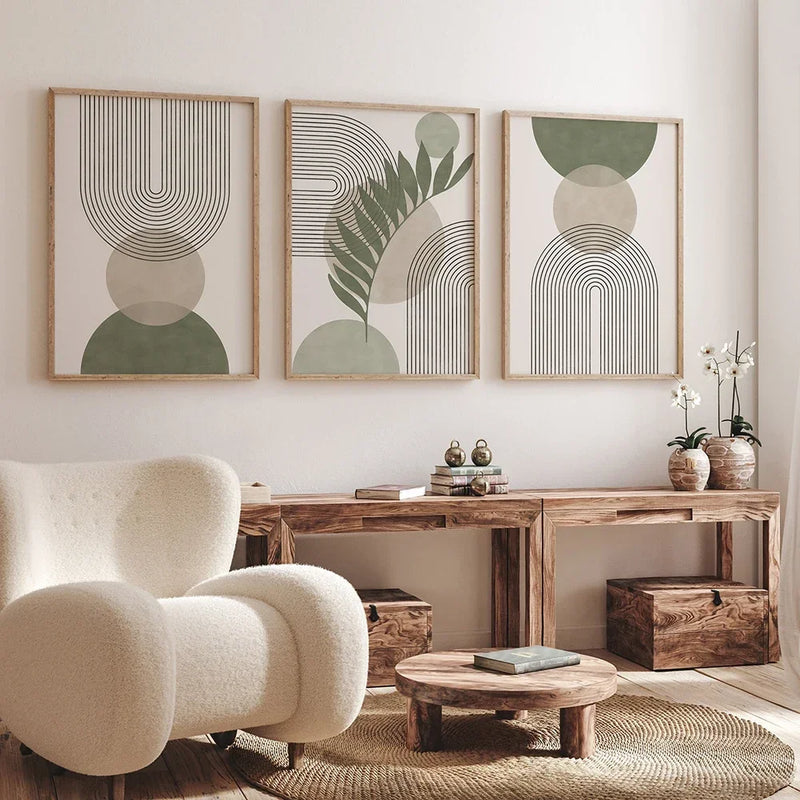 Quadros Decorativos Nórdicos Verde Sálvia | Arte Botânica e Geométrica Abstrata em Tela