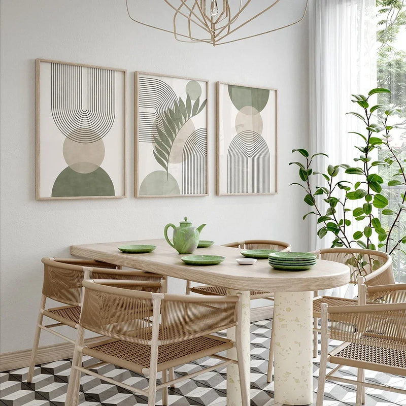 Quadros Decorativos Nórdicos Verde Sálvia | Arte Botânica e Geométrica Abstrata em Tela