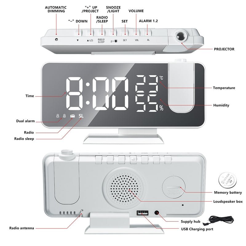 Rádio Relógio, Despertador Digital Inteligente ( Projeção 180 ° /multifuncional)