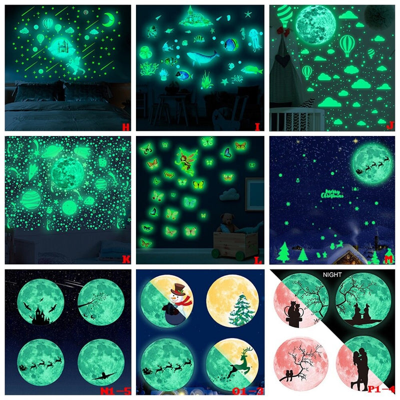 Adesivos de parede 3D Flourescente, decoração de quartos ( Unicórnio, lua, estrelas, planetas, fada)