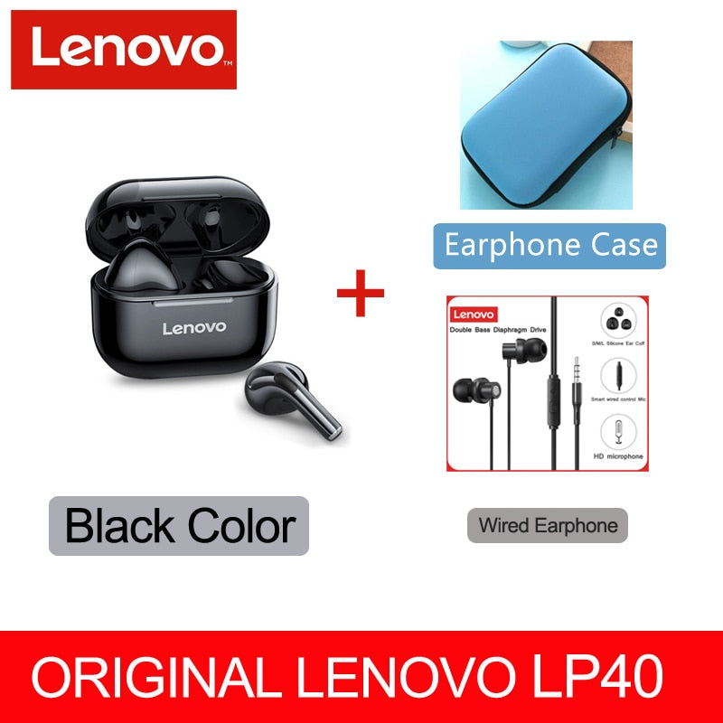 Fone sem fio original, Lenovo LP40 TWS, Bluetooth 5.0(duplo estéreo com redução de ruído e controle de toque de graves Long Standby 230mAH)