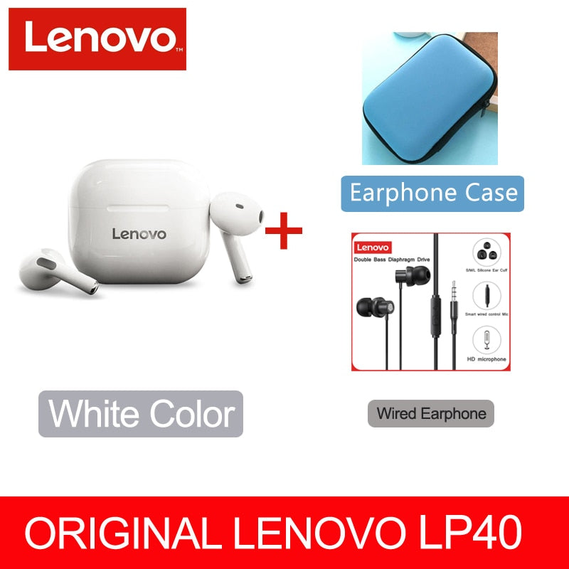 Fone sem fio original, Lenovo LP40 TWS, Bluetooth 5.0(duplo estéreo com redução de ruído e controle de toque de graves Long Standby 230mAH)