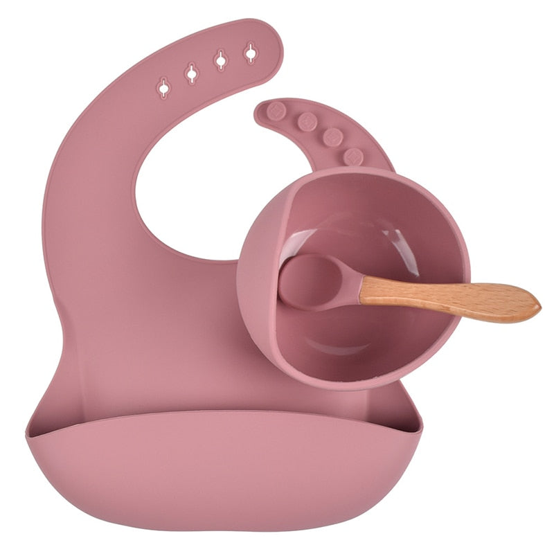 Conjunto de babadores tigela de silicone para bebê antiderrapante( Prato de sucção infantil com alça de madeira)