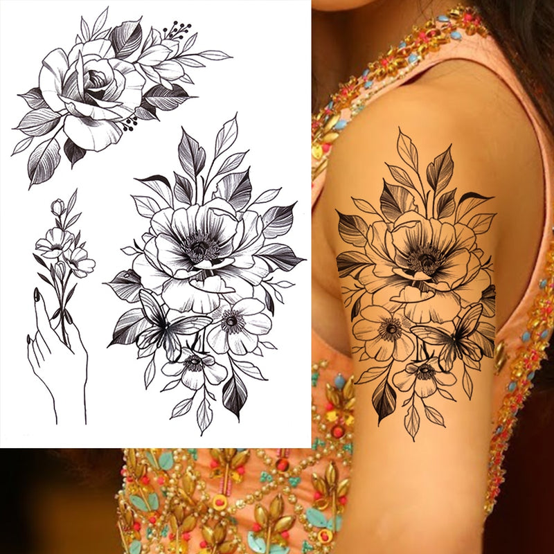 Tatuagens temporária de flores (Pintura de arte corporal sexy /Tatuagens de pernas e braço  / Tatuagem realista vários estilos,adesivo )