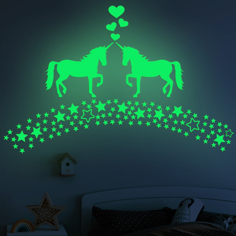 Adesivos de parede 3D Flourescente, decoração de quartos ( Unicórnio, lua, estrelas, planetas, fada)