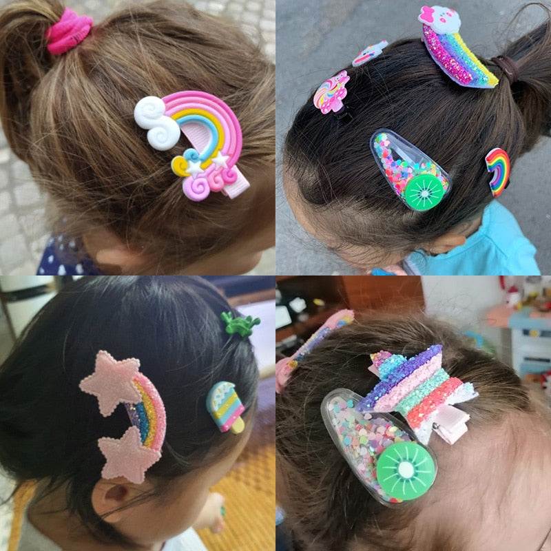 Presilhas de cabelo, conjunto fofo para meninas ( arco íris, flores,picolé / 2/3/5 pçs )