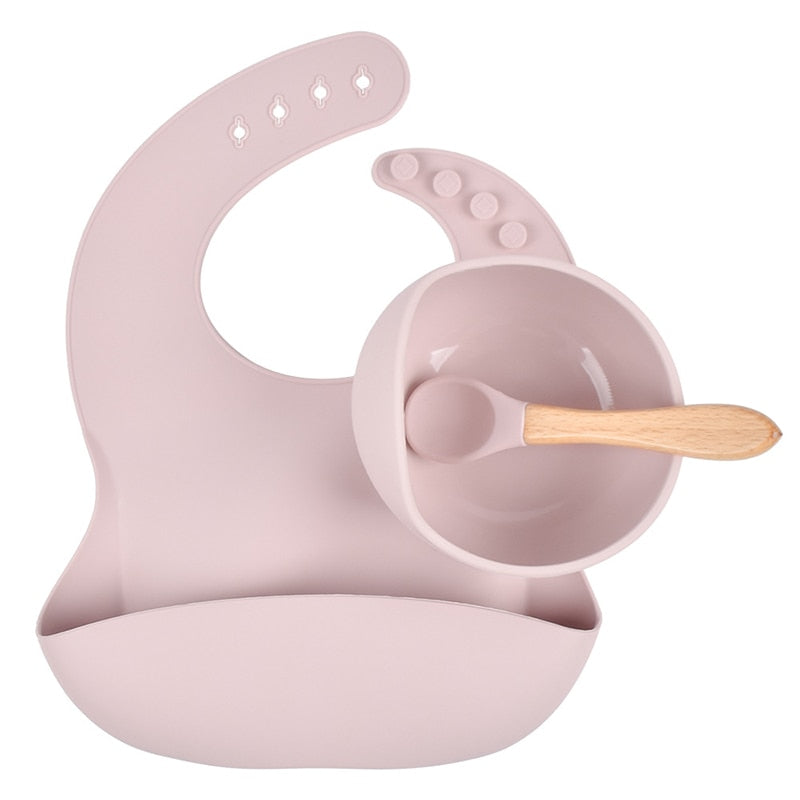 Conjunto de babadores tigela de silicone para bebê antiderrapante( Prato de sucção infantil com alça de madeira)