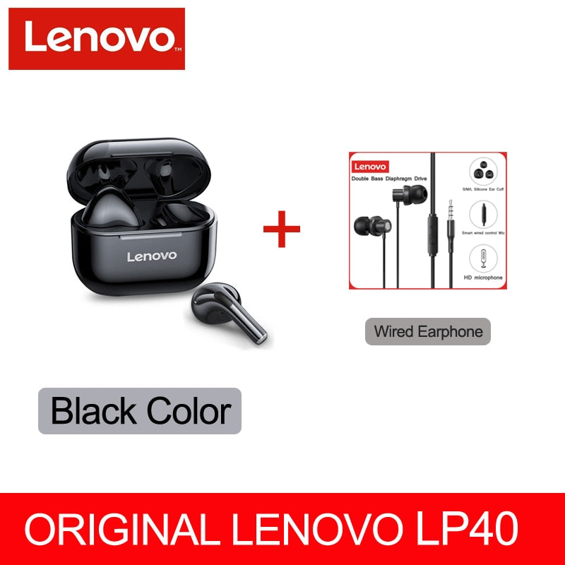 Fone sem fio original, Lenovo LP40 TWS, Bluetooth 5.0(duplo estéreo com redução de ruído e controle de toque de graves Long Standby 230mAH)