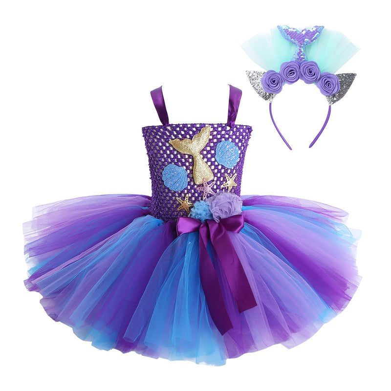 Vestido princesa sereia sem mangas flor 3D, conjunto de aro de cabelo( Ideal para aniversários , carnaval, festa temáticas infantis)