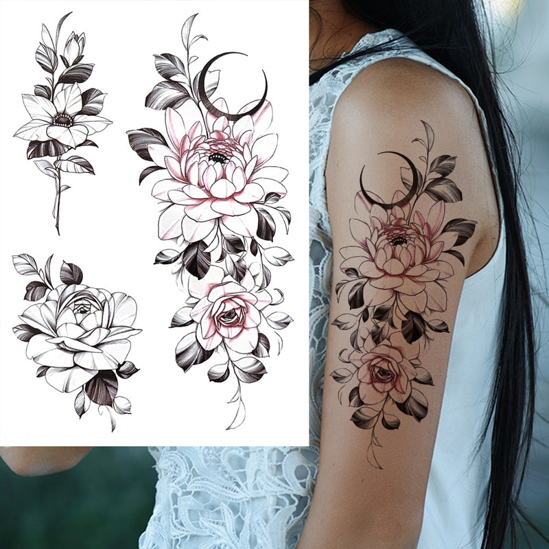 Tatuagens temporária de flores (Pintura de arte corporal sexy /Tatuagens de pernas e braço  / Tatuagem realista vários estilos,adesivo )