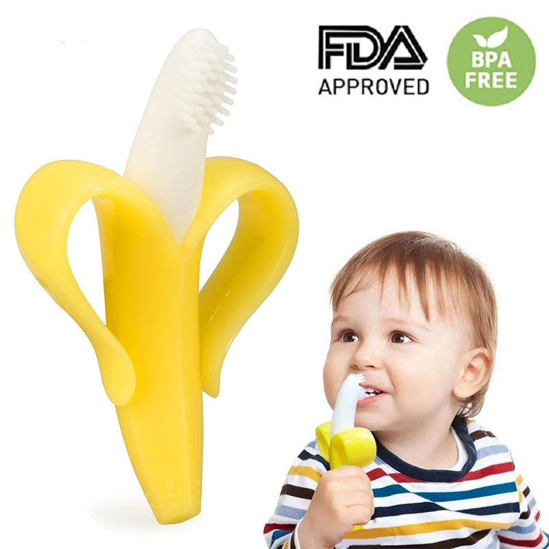 Mordedor de bebê 2 em 1 / Banana Anel de dentição de silicone para cuidados dentários(Escova de dentes para cuidados dentários do baby )