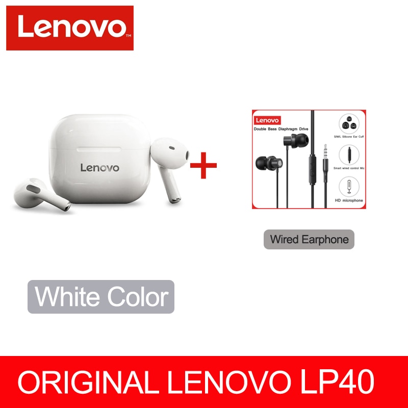 Fone sem fio original, Lenovo LP40 TWS, Bluetooth 5.0(duplo estéreo com redução de ruído e controle de toque de graves Long Standby 230mAH)