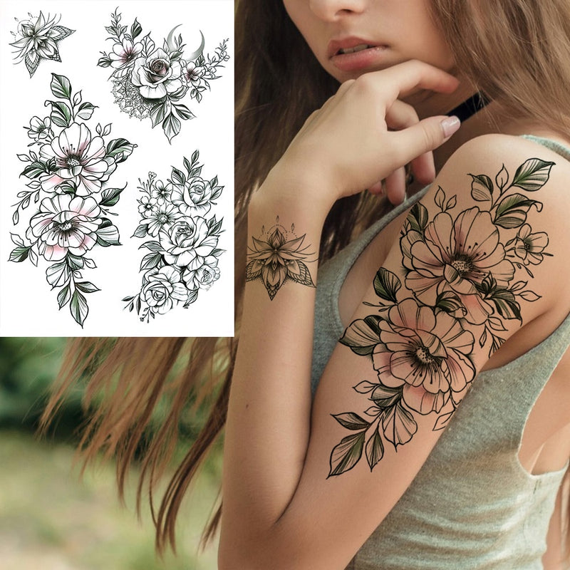 Tatuagens temporária de flores (Pintura de arte corporal sexy /Tatuagens de pernas e braço  / Tatuagem realista vários estilos,adesivo )