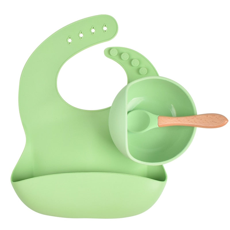 Conjunto de babadores tigela de silicone para bebê antiderrapante( Prato de sucção infantil com alça de madeira)