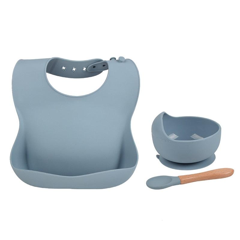 Conjunto de babadores tigela de silicone para bebê antiderrapante( Prato de sucção infantil com alça de madeira)