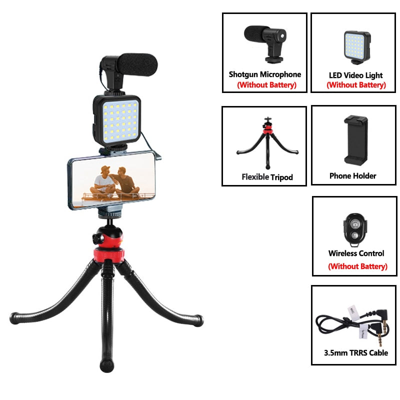 Microfone condensador com luz de preenchimento de LED de tripé para câmera de vídeo profissional( Gravação para instagram, youtube)