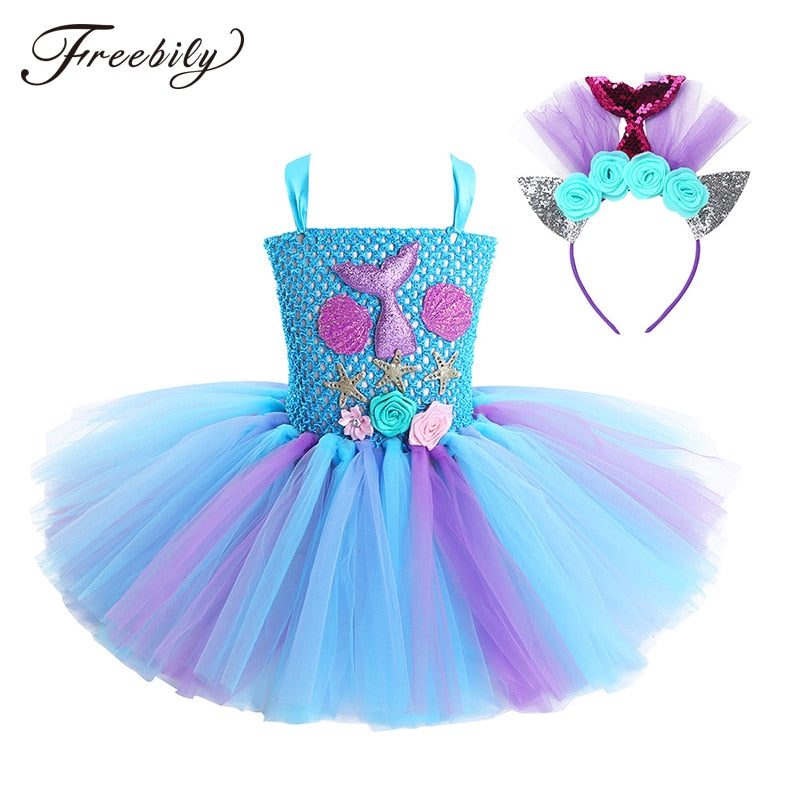 Vestido princesa sereia sem mangas flor 3D, conjunto de aro de cabelo( Ideal para aniversários , carnaval, festa temáticas infantis)