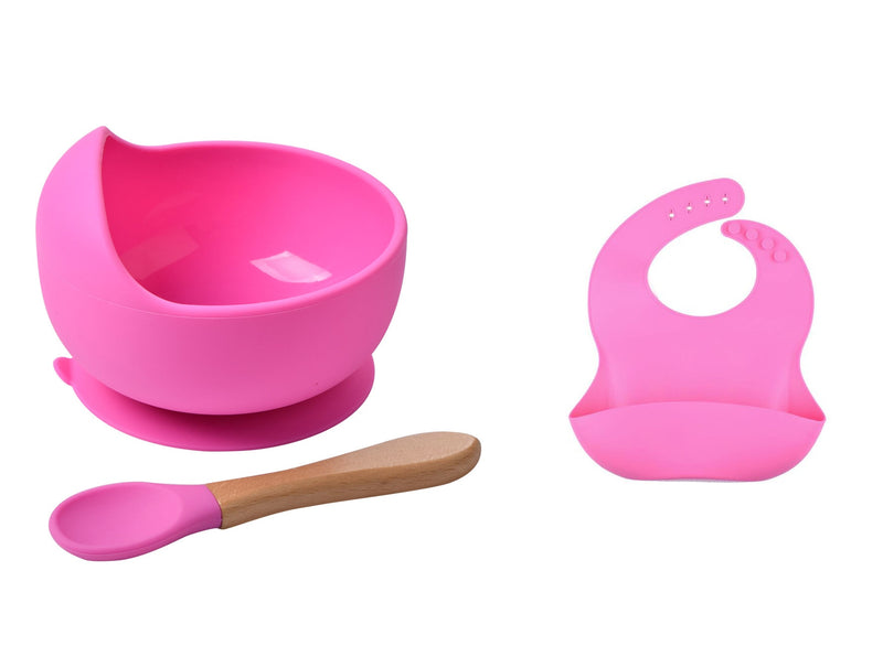 Conjunto de babadores tigela de silicone para bebê antiderrapante( Prato de sucção infantil com alça de madeira)