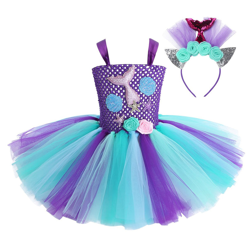 Vestido princesa sereia sem mangas flor 3D, conjunto de aro de cabelo( Ideal para aniversários , carnaval, festa temáticas infantis)