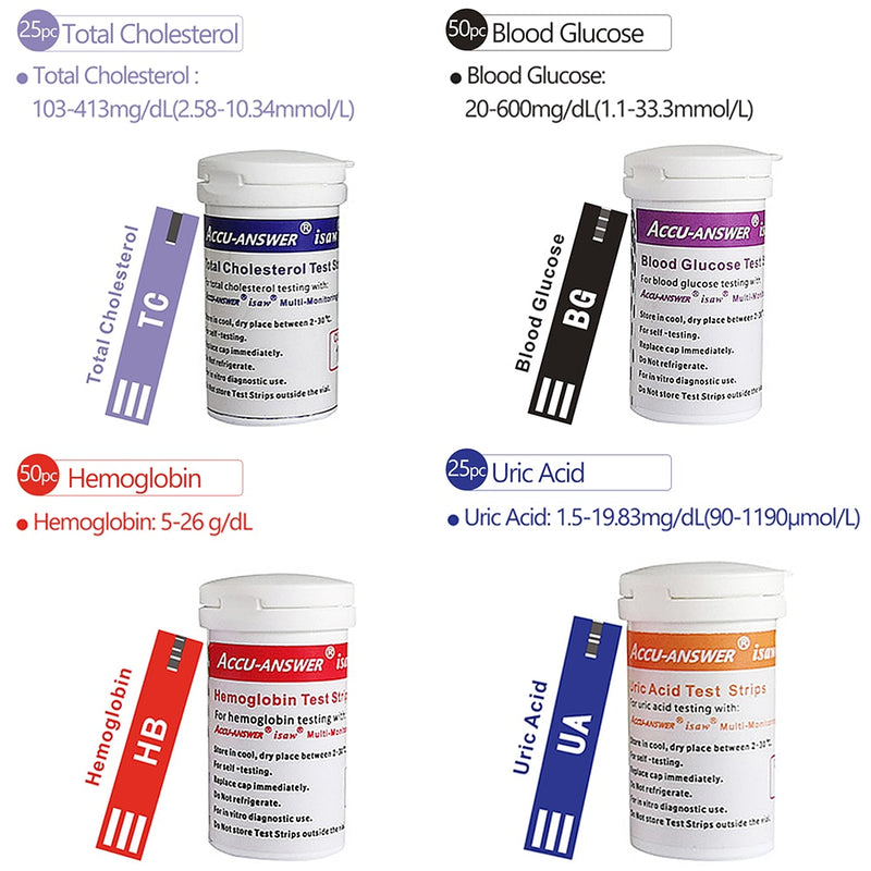 Medidor de colesterol multifuncional 4 em 1(ácido úrico, kit de tiras de teste de glicose no sangue,hemoglobina para dispositivo de gota de diabetes com lancetas)