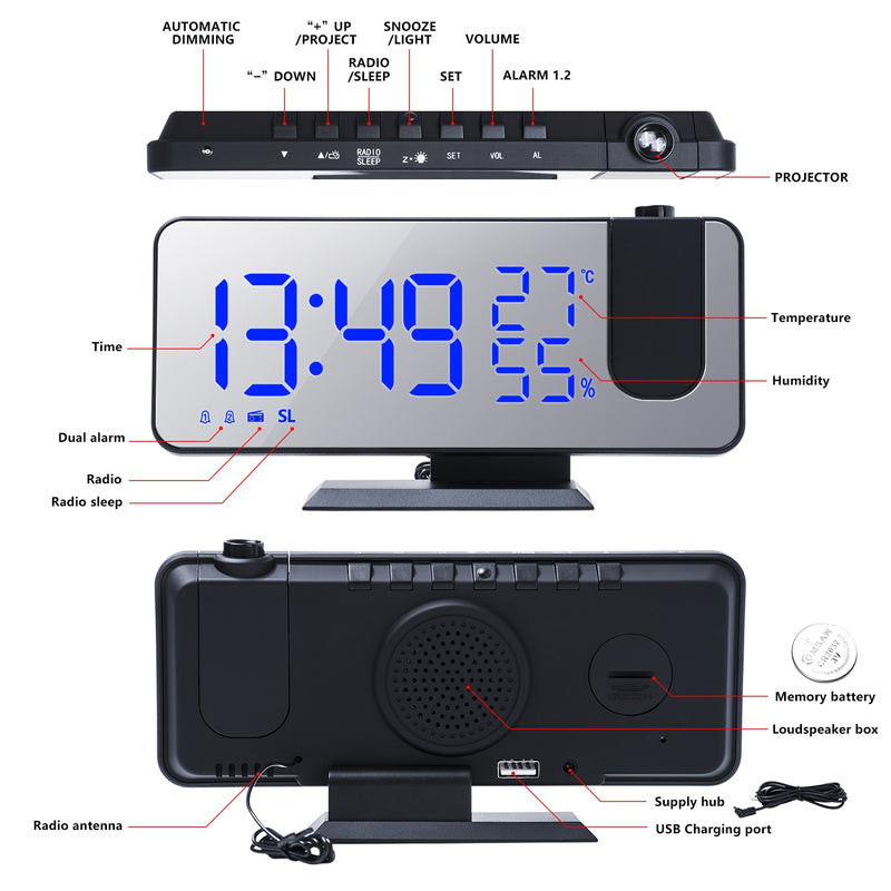 Rádio Relógio, Despertador Digital Inteligente ( Projeção 180 ° /multifuncional)